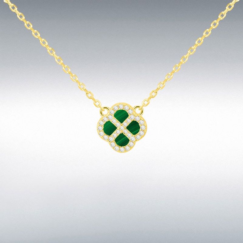 Sterling Silver Yellow Gold Plated Clover Malachite and White CZ Adjustable Necklace