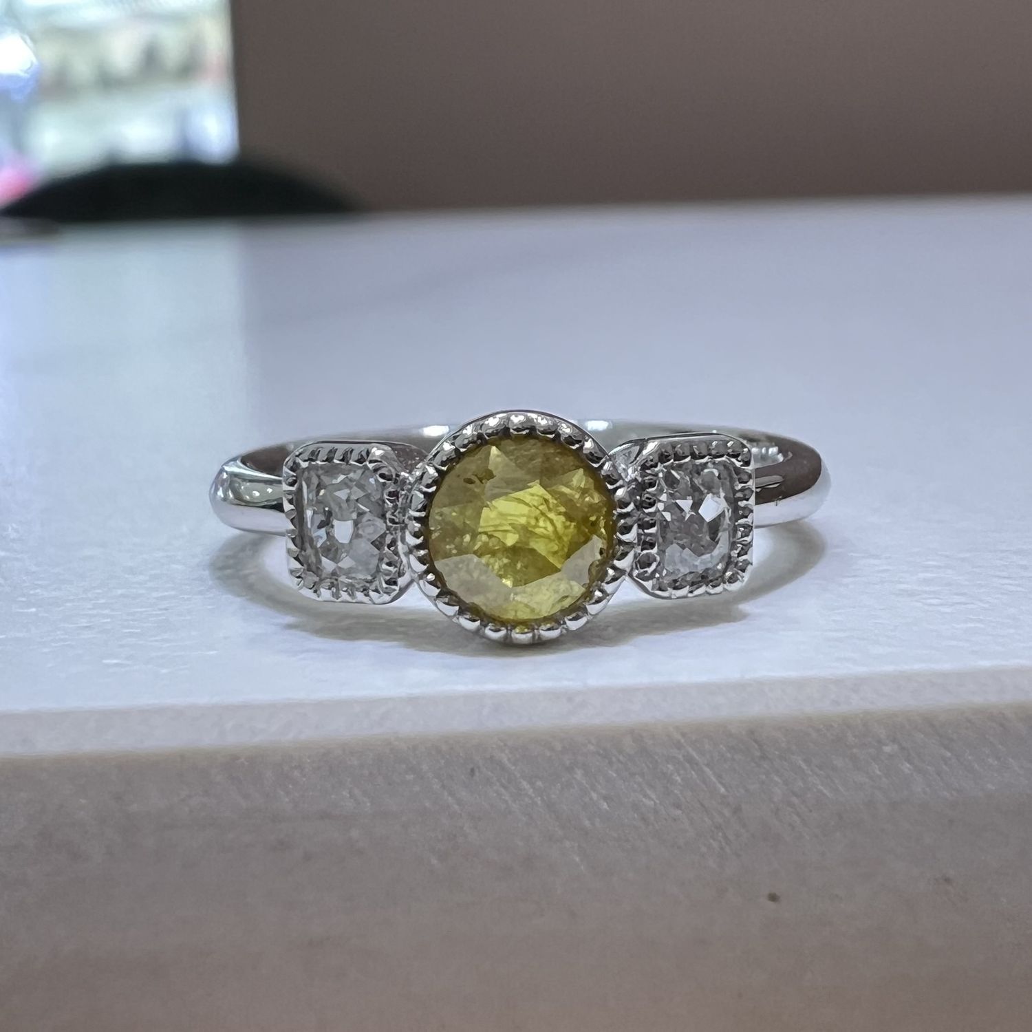 18ct White Gold 0.34ct Old Cut Yellow Diamond &amp; 0.31ct Diamond Three Stone Ring