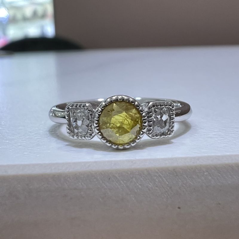 18ct White Gold 0.34ct Old Cut Yellow Diamond &amp; 0.31ct Diamond Three Stone Ring
