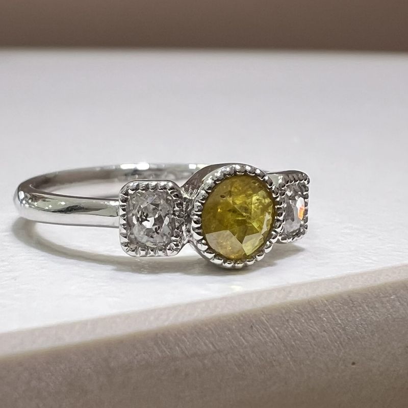 18ct White Gold 0.34ct Old Cut Yellow Diamond &amp; 0.31ct Diamond Three Stone Ring