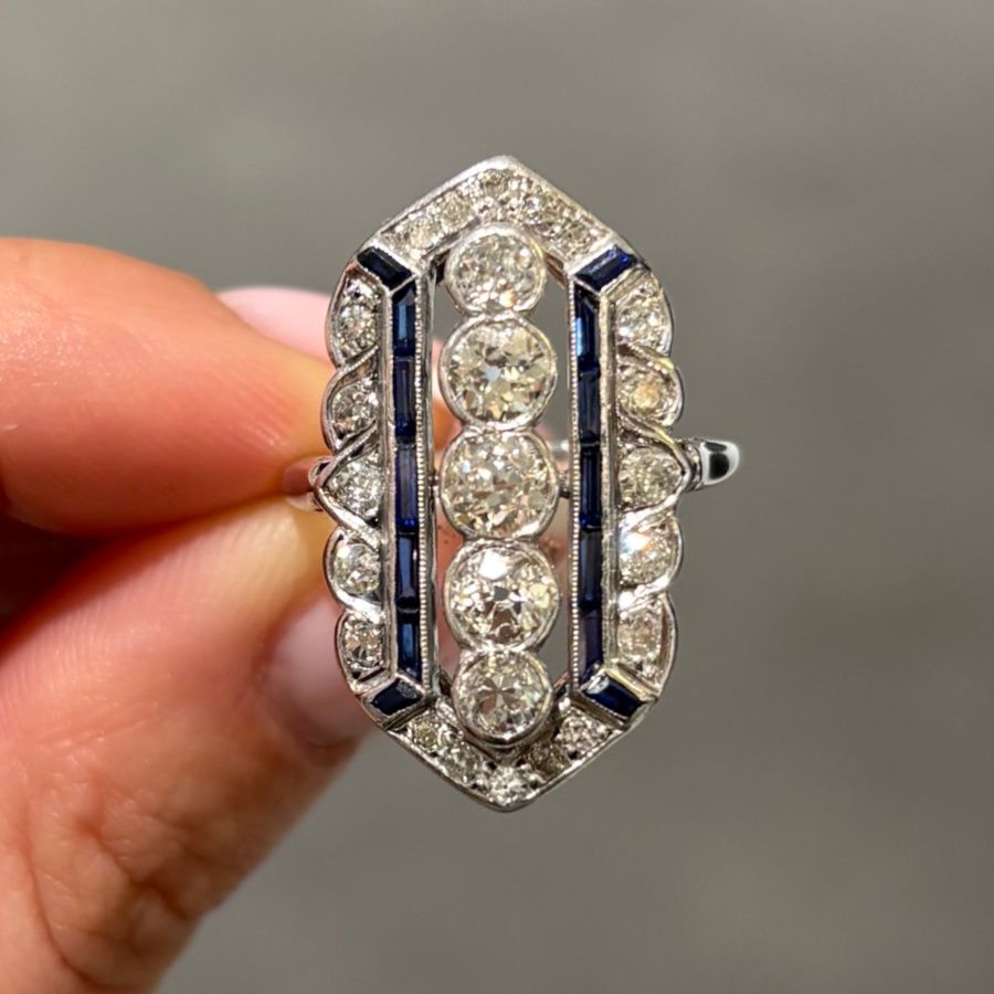 Pre-Owned White Metal Art Deco 1.85ct Old European Cut Diamond &amp; Baguette Sapphire Ring