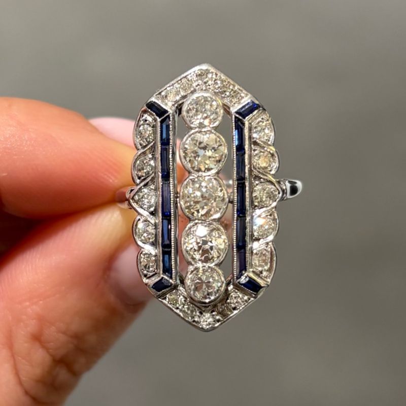 Pre-Owned White Metal Art Deco 1.85ct Old European Cut Diamond &amp; Baguette Sapphire Ring
