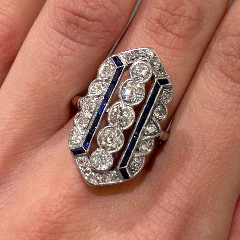 Pre-Owned White Metal Art Deco 1.85ct Old European Cut Diamond &amp; Baguette Sapphire Ring