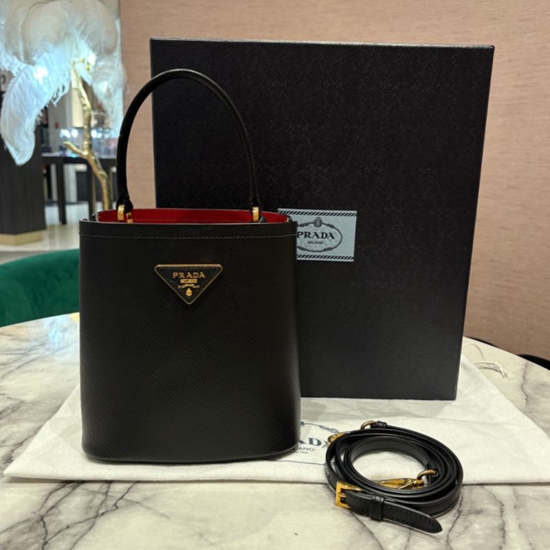 Pre-Owned PRADA Panier Small Saffiano Leather Black &amp; Fiery Red Top Handle Bag