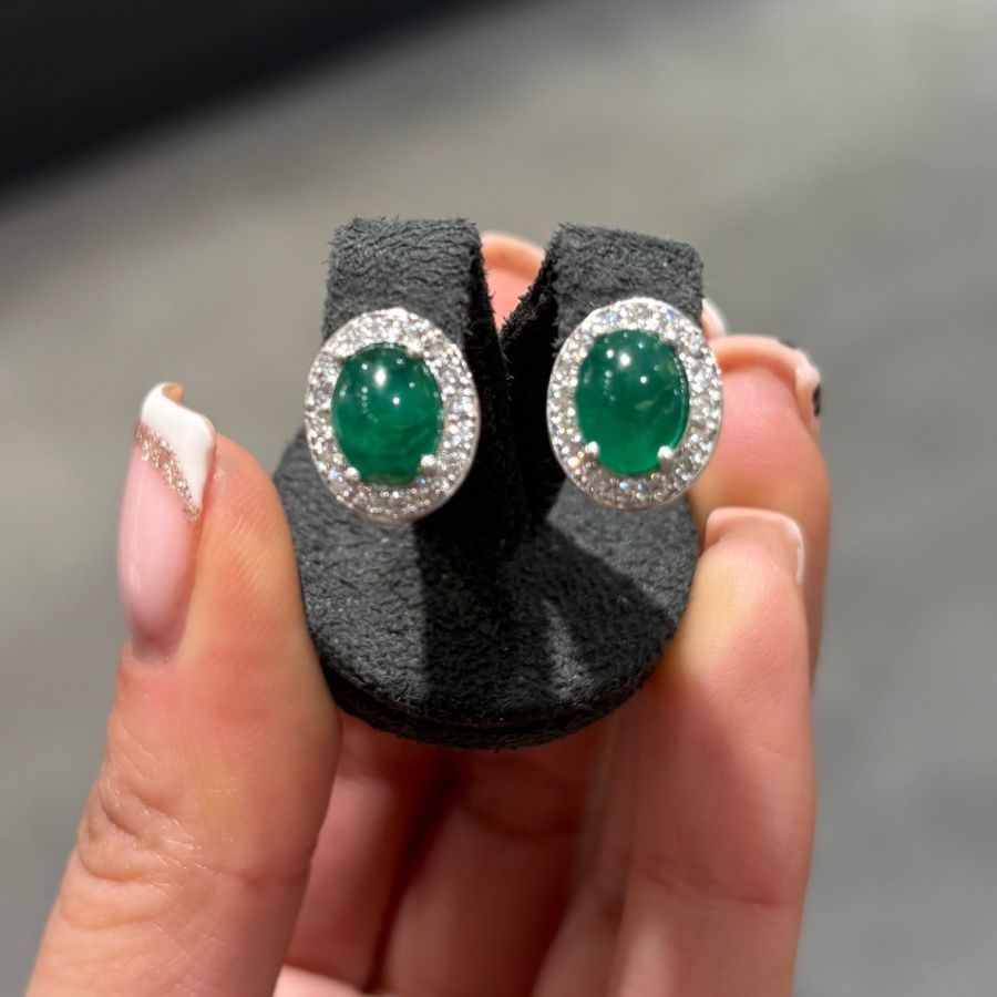 Pre-Owned 18ct White Gold 3ct Cabochon Emerald &amp; 0.32ct Diamond Stud Earrings