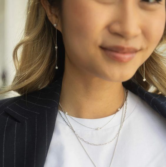 Paperclip Layering Chain with Pearl Charm Silver
