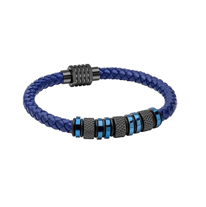 Fred Bennett Stainless Steel &amp; Blue Plaited Leather Beaded Mens Bracelet