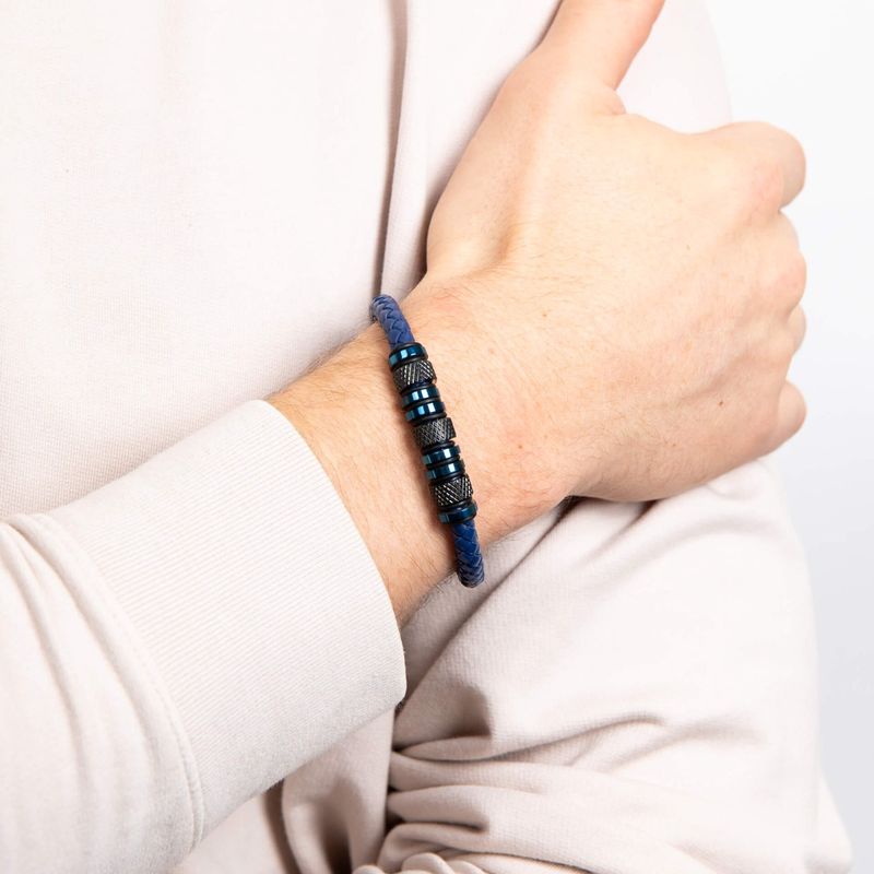 Fred Bennett Stainless Steel &amp; Blue Plaited Leather Beaded Mens Bracelet