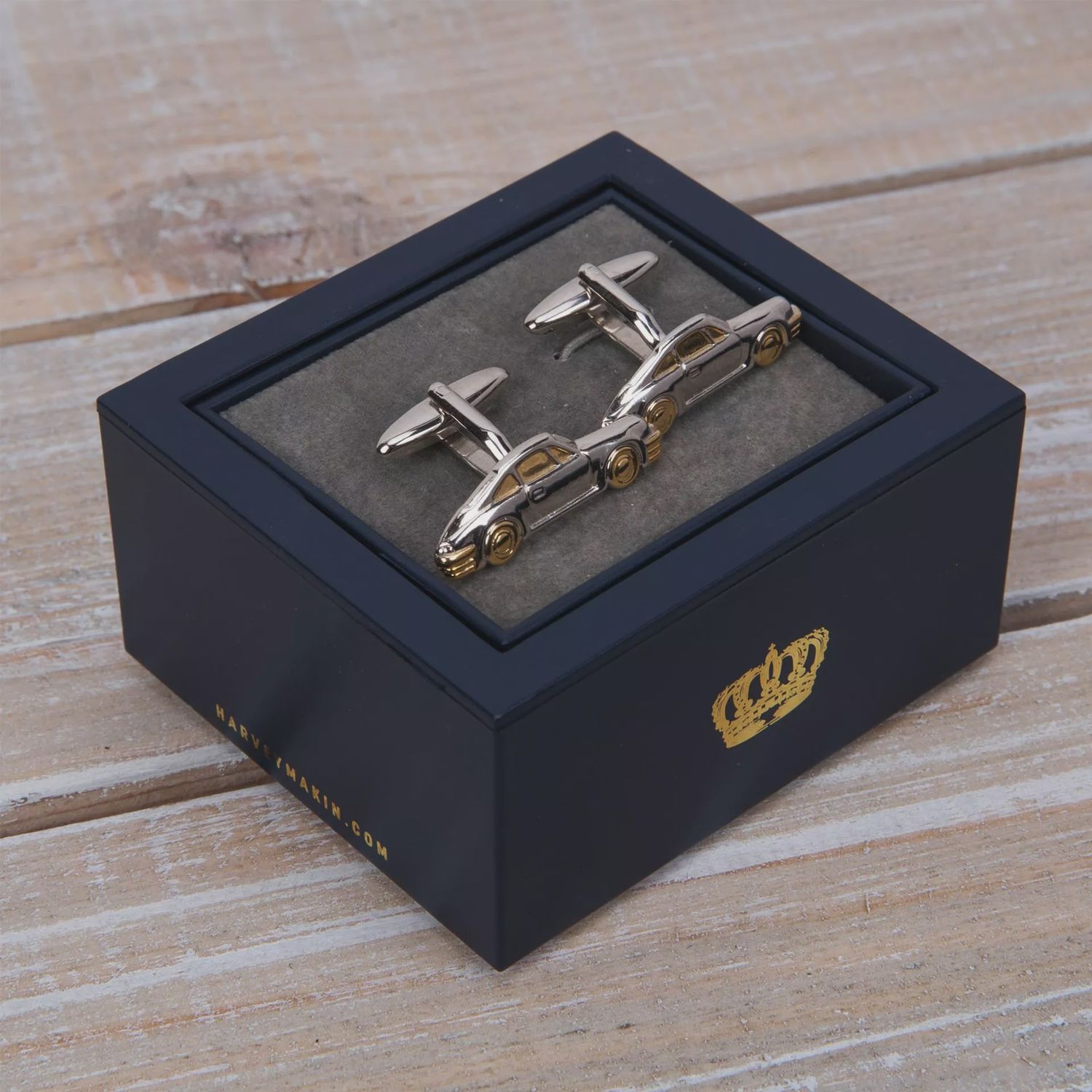 Harvey Makin Rhodium Plated Cufflinks Silver&amp; Gold Cars