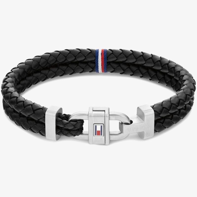 Tommy Hilfiger Carabiner Black Leather Two-Row Bracelet