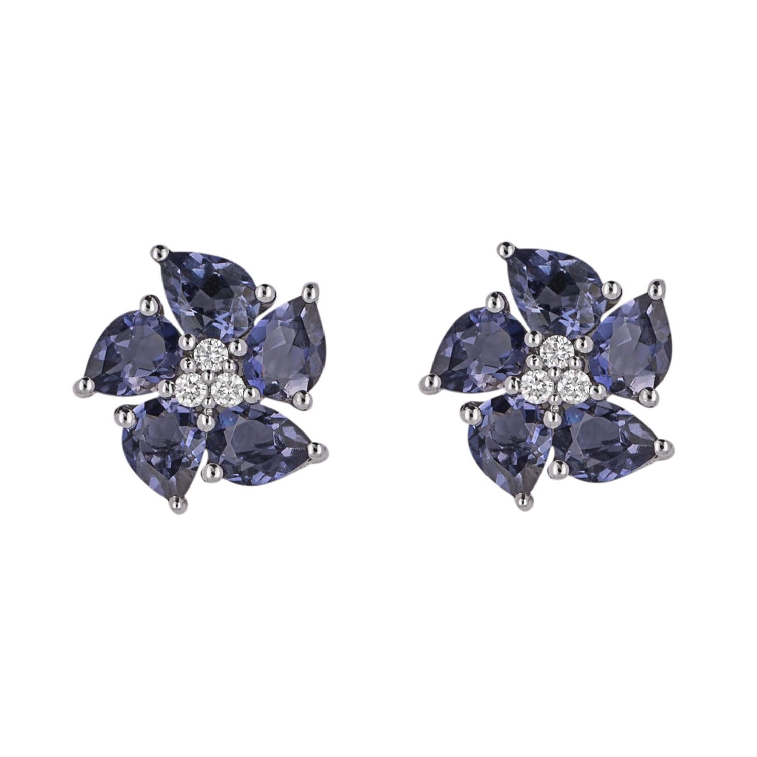 9ct White Gold Diamond &amp; Lolite Peony Earring
