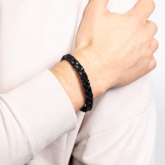 Fred Bennett Chain Plait Black Leather Bracelet