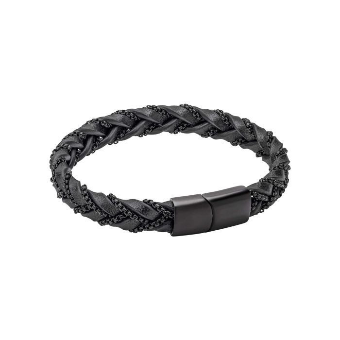Fred Bennett Chain Plait Black Leather Bracelet