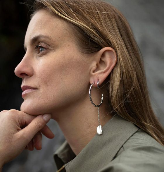 Large Volcano Hoop Earrings with Long Biwa Pearl Drop in Silver