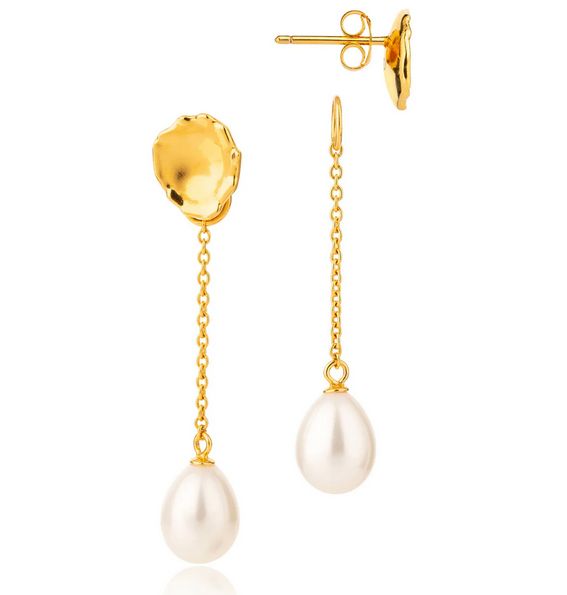 Molten Lava Stud with Removeable Chain Pearl Charm, Gold Plated