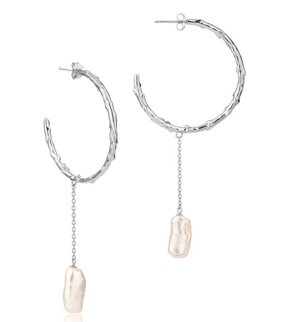 Large Volcano Hoop Earrings with Long Biwa Pearl Drop in Silver