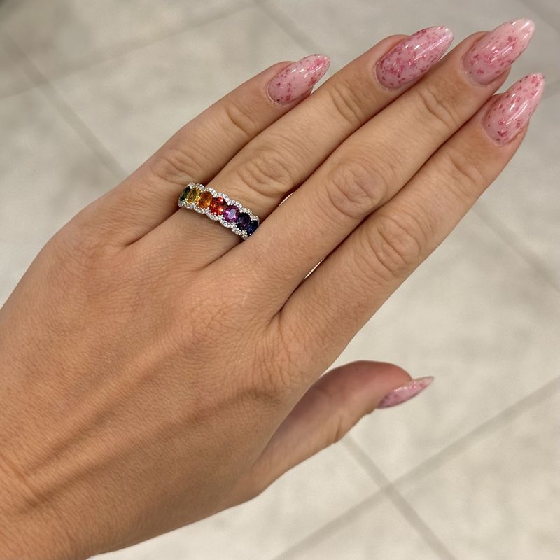 18ct White Gold 2.09ct Multi-Coloured Sapphire &amp; 0.21ct Diamond Half Eternity Ring
