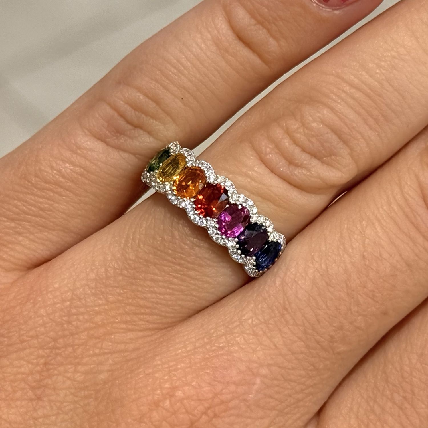 18ct White Gold 2.09ct Multi-Coloured Sapphire &amp; 0.21ct Diamond Half Eternity Ring