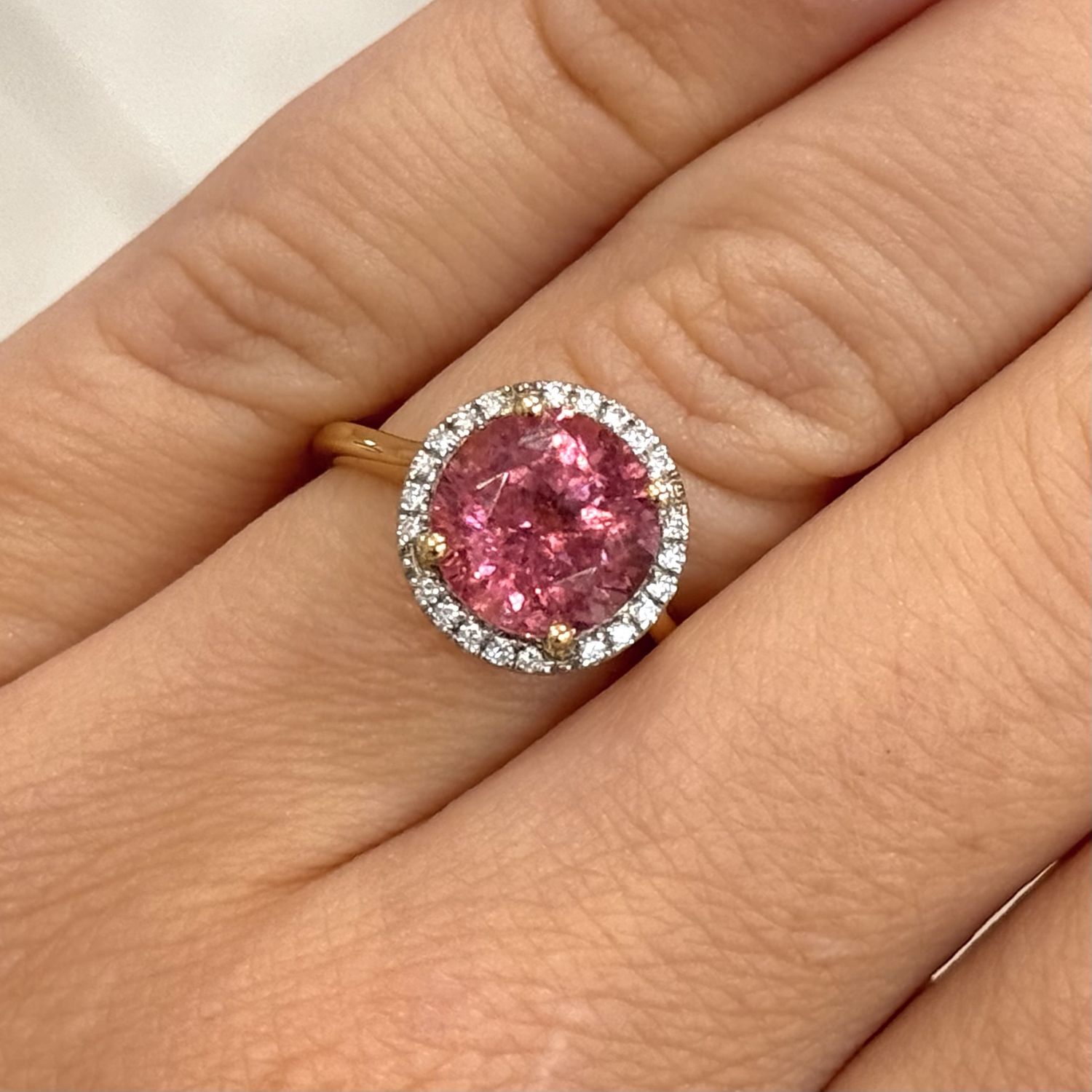 18ct Yellow &amp; White Gold Pink Tourmaline &amp; Diamond Halo Ring