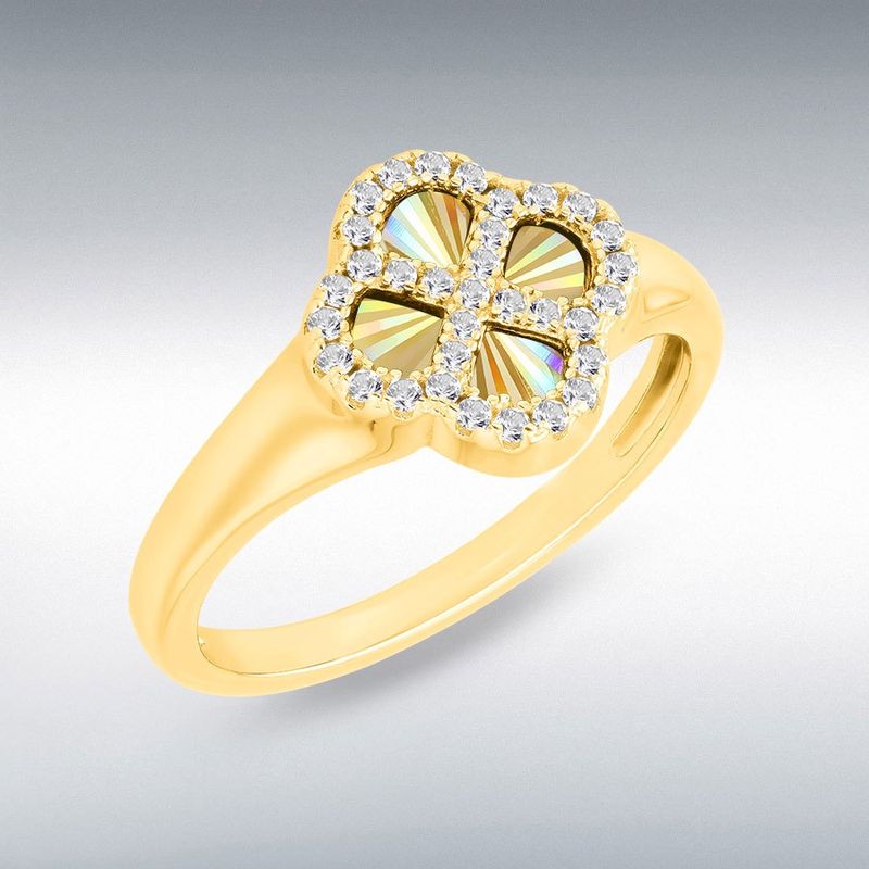 Sterling Silver Yellow Gold Plated Rainbow Clover and White CZ Ring