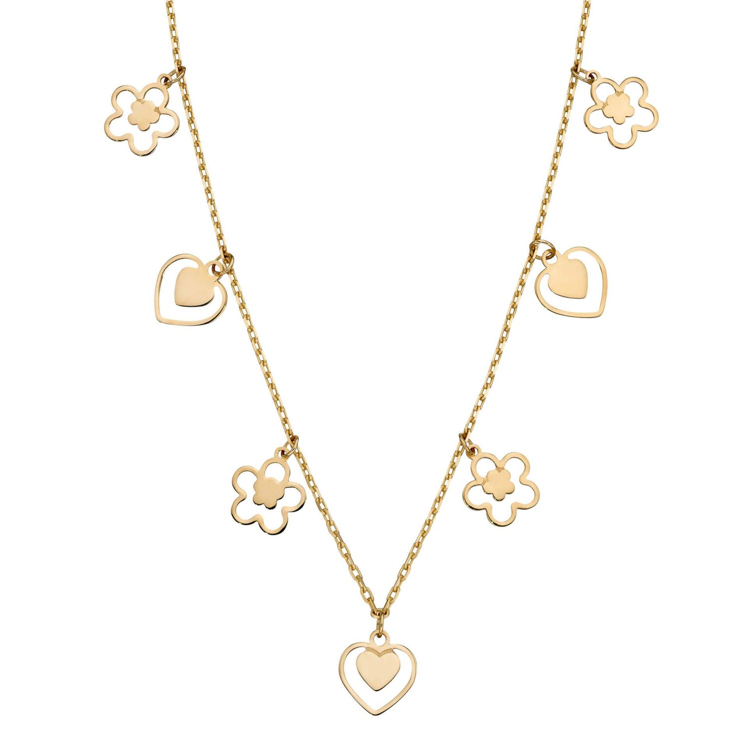 Heart and Flower Charm Necklace in 9ct Gold