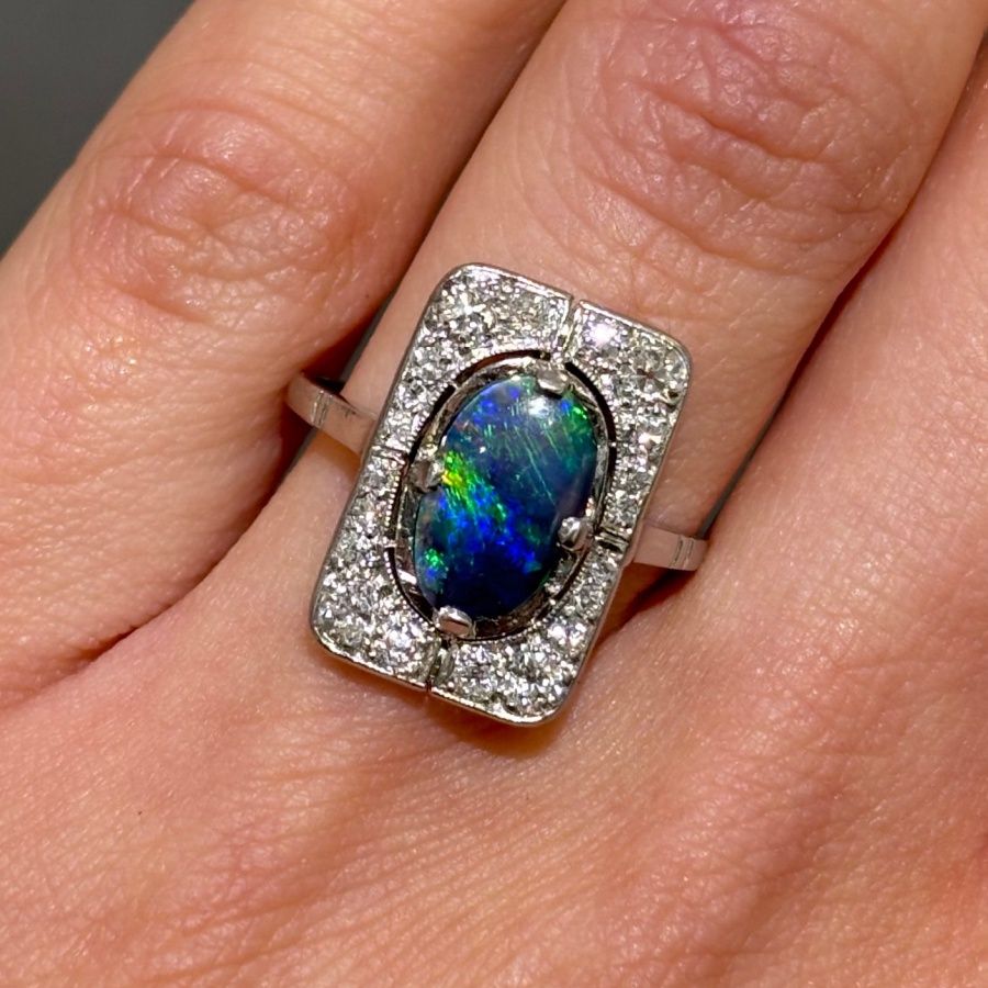 Pre-Owned Platinum 1.00ct Oval Cut Opal &amp; Diamond Cluster Vintage Ring