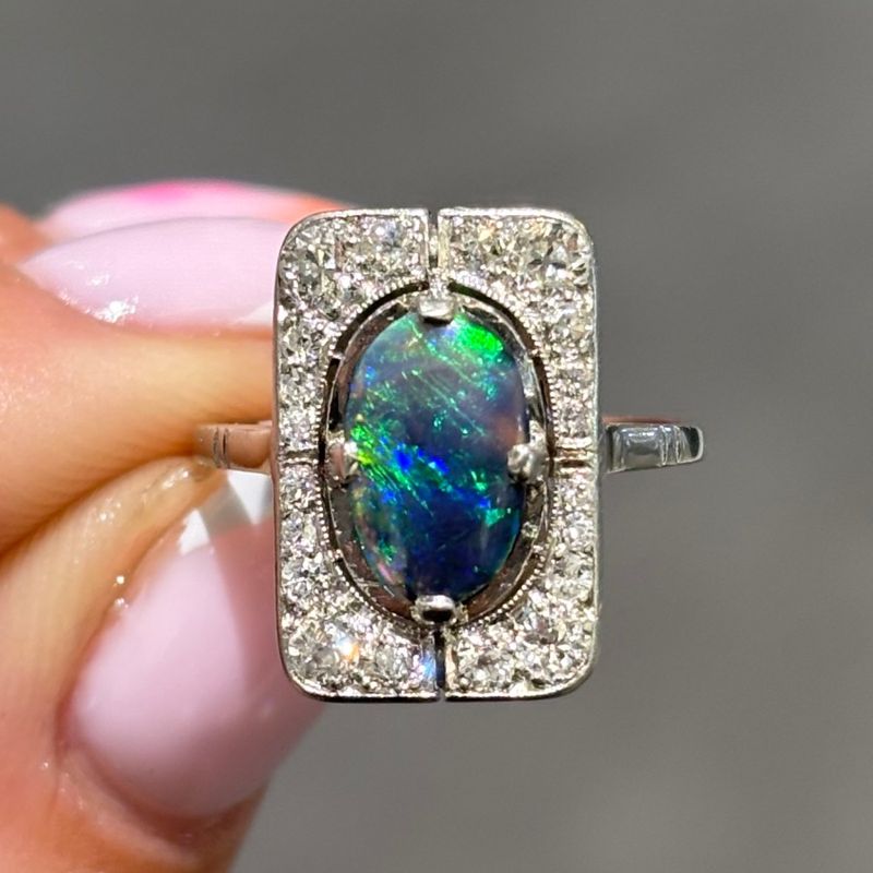 Pre-Owned Platinum 1.00ct Oval Cut Opal &amp; Diamond Cluster Vintage Ring