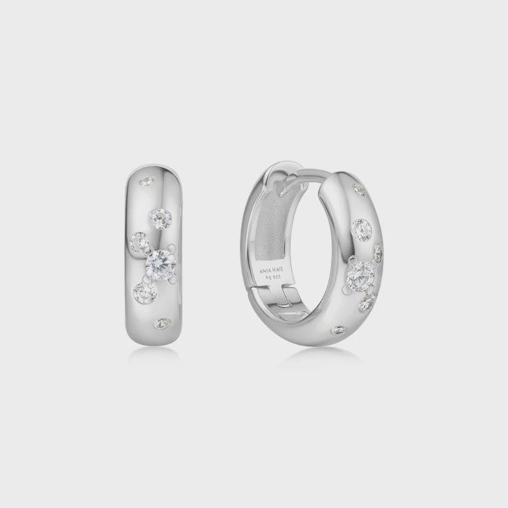 Small Chubby Sparkling Huggie Hoop Earrings, Colour: Silver