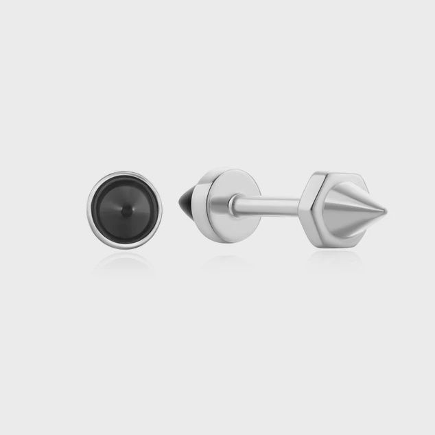 Silver Black Agate Point Barbell Earrings, Colour: Silver
