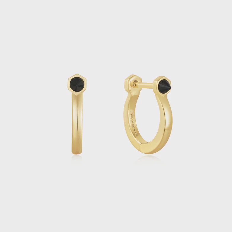Silver Gold Plated Black Agate Huggie Hoop Earrings, Colour: Gold Plated