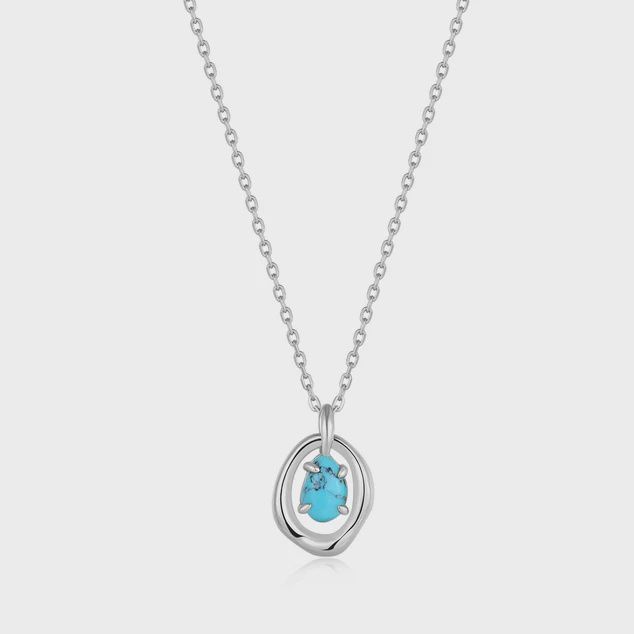 Silver Turquoise Wave Circle Pendant Necklace