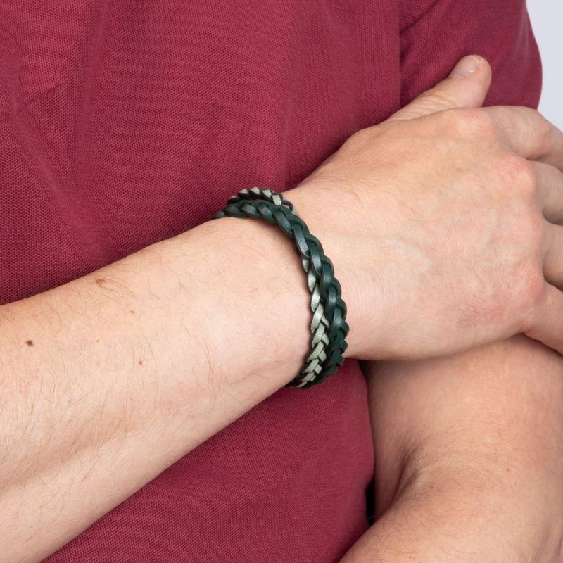 Fred Bennett Green Leather Double Plaited Bracelet
