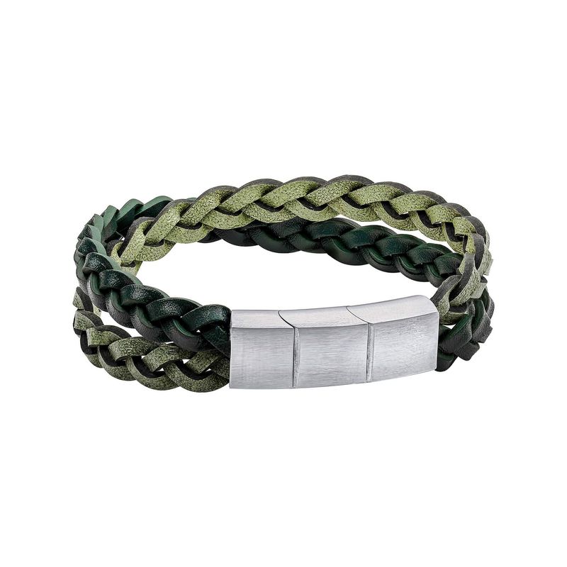 Fred Bennett Green Leather Double Plaited Bracelet