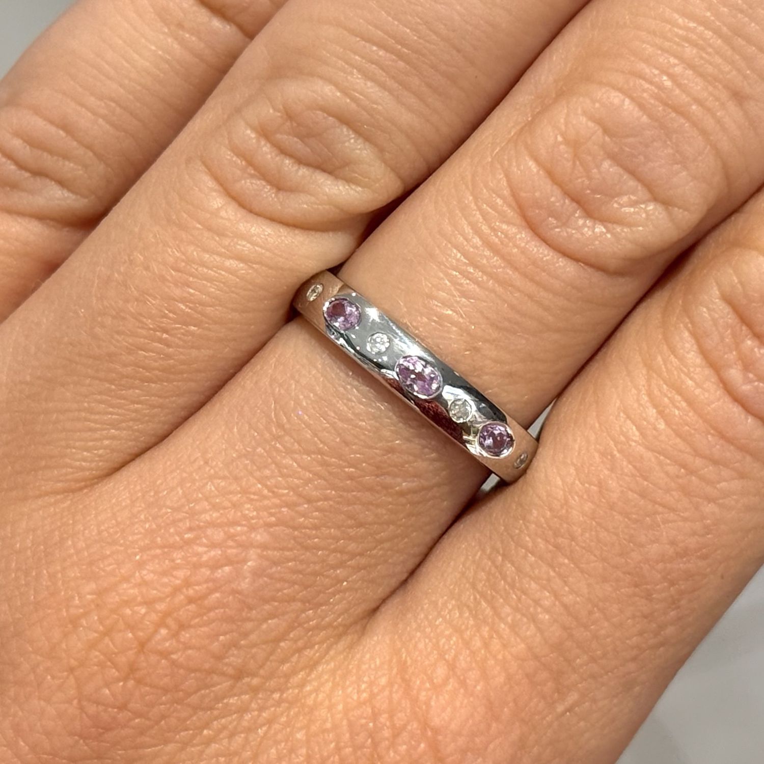 Pre-Owned 9ct White Gold 0.39ct Pink Topaz &amp; 0.04ct Diamond 1/2 Eternity Ring