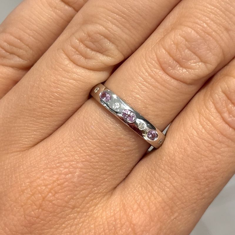 Pre-Owned 9ct White Gold 0.39ct Pink Topaz & 0.04ct Diamond 1/2 Eternity Ring Pre-Owned 9ct White Gold 0.39ct Pink Topaz & 0.04ct Diamond 1/2 Eternity Ring