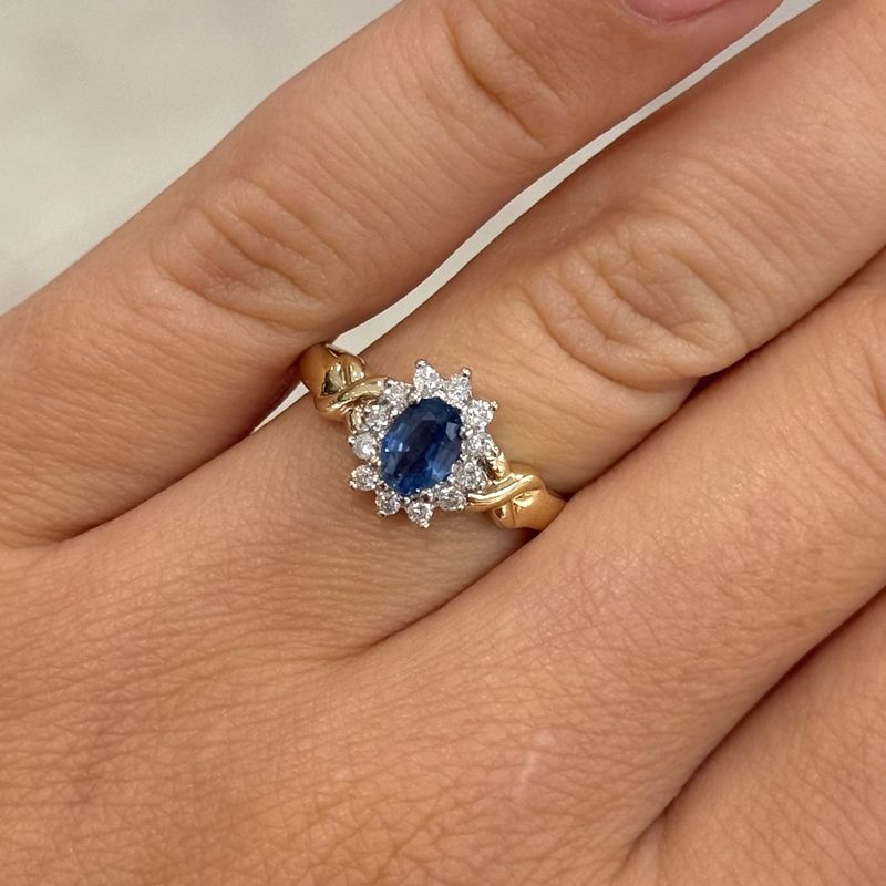 Pre-Owned 9ct Yellow Gold 0.65ct Sapphire &amp; 0.12ct Diamond Cluster Ring
