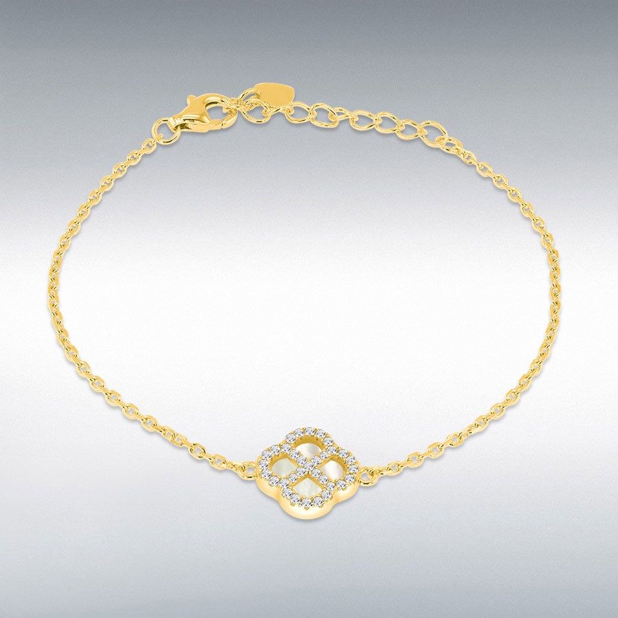Sterling Silver Yellow Gold Plated Clover Mother Of Pearl and White CZ Adjustable Bracelet