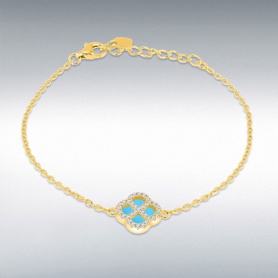 Sterling Silver Yellow Gold Plated Clover Synthetic Turquoise and White CZ Adjustable Bracelet