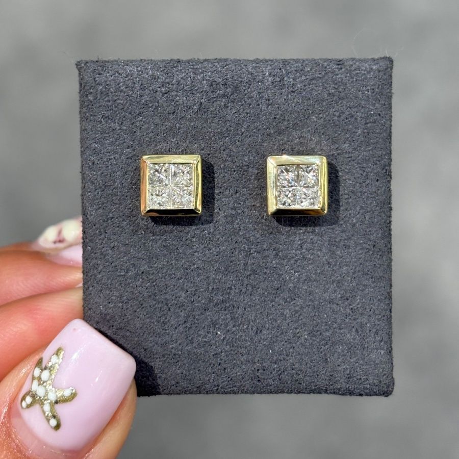 Pre-Owned 14ct Yellow Gold 1.34ct Diamond Square Stud Earrings