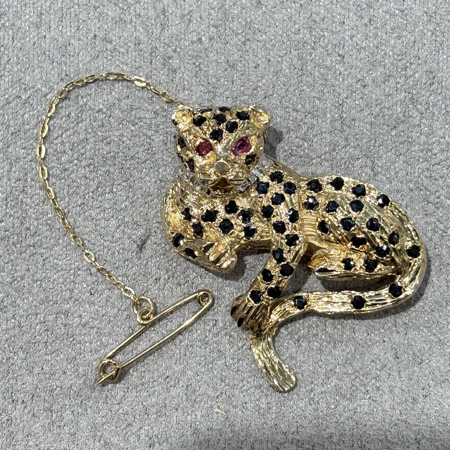 Pre-Owned 9ct Yellow Gold 1.08ct Sapphire, Ruby &amp; Diamond Cat Brooch