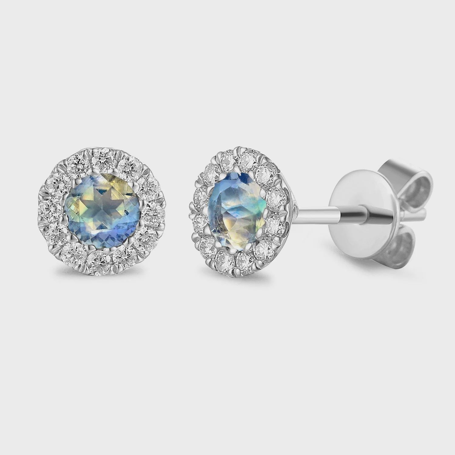 9ct White Gold Round Moonstone and Diamond Cluster Studs