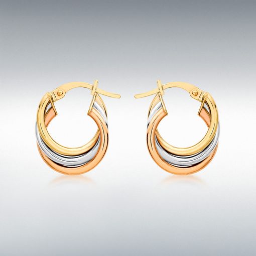9ct Three Colour Gold Russian Oval Creole Hoop Earrings