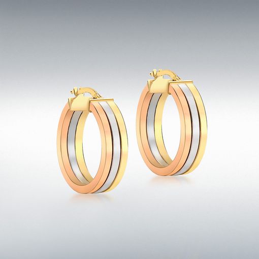 9ct Three Colour Three Row Polished Creole Hoop Earrings