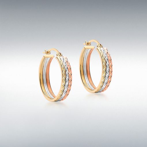 9ct Three Colour Diamond Cut Creole Hoop Earrings