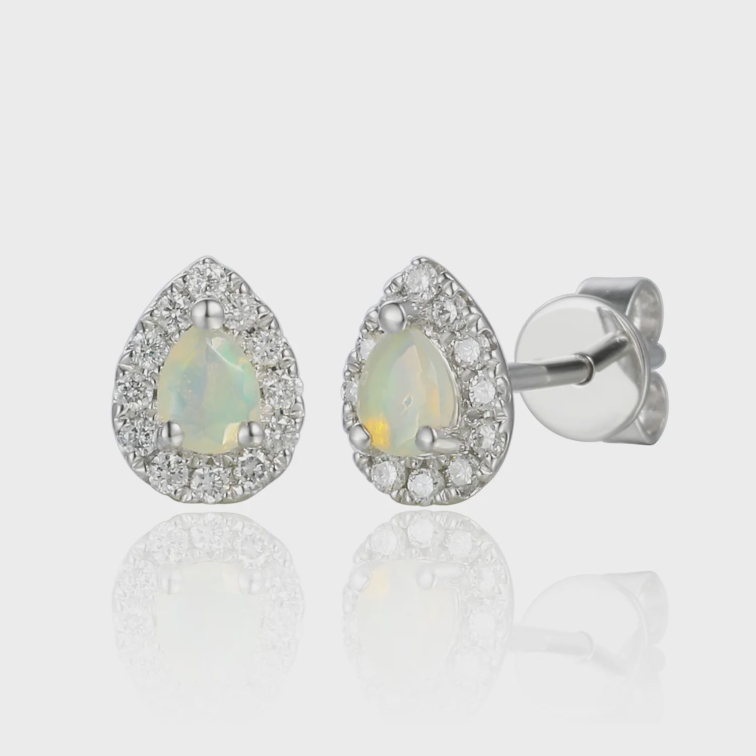 9ct White Gold October Birthstone Pear Shape Opal and Diamond Cluster Earrings