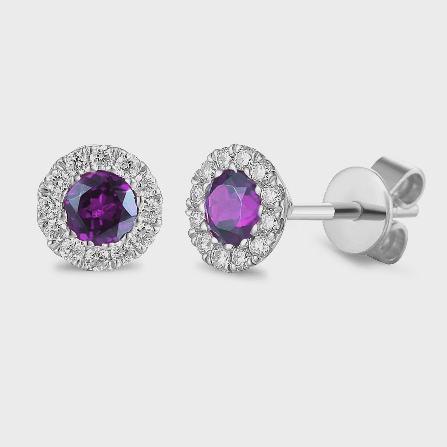 9ct White Gold February Birthstone Round Amethyst and Diamond Cluster Studs
