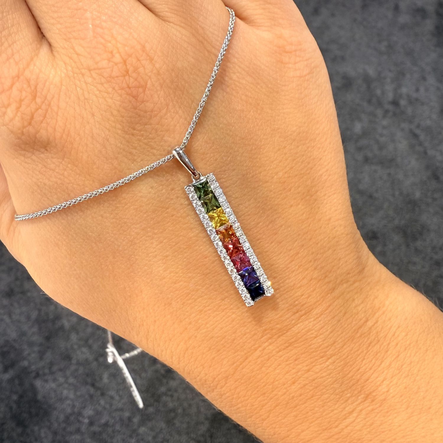 18ct White Gold 1.62ct Multi-Coloured Sapphire &amp; 0.34ct Diamond Bar Necklace