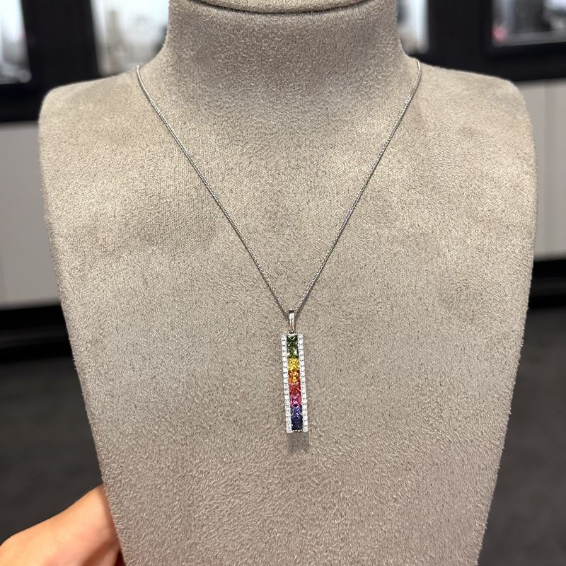 18ct White Gold 1.62ct Multi-Coloured Sapphire &amp; 0.34ct Diamond Bar Necklace