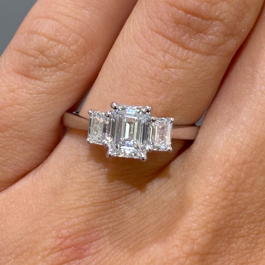 18ct White Gold Lab-Grown Diamond Three Stone Emerald Cut Ring 1.50ct