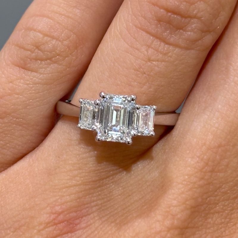18ct White Gold Lab-Grown Diamond Three Stone Emerald Cut Ring 1.50ct